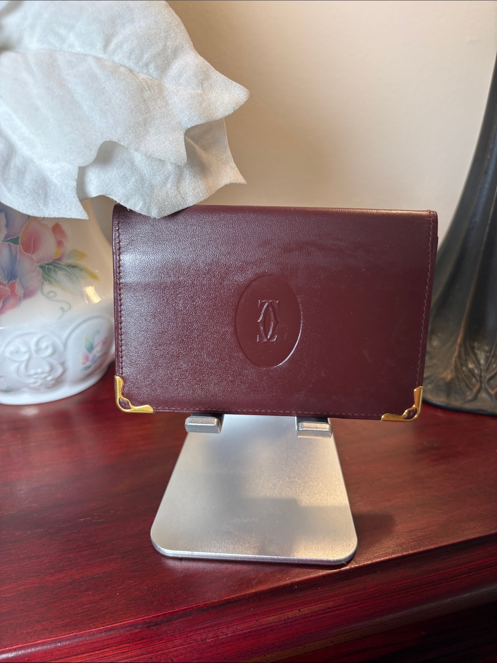 Euc Cartier Burgundy Leather Card Holder With Gold Corner Accents